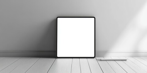 A tablet and stylus on a white wood floor.