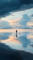 Man standing alone on reflective water at sunset, peaceful solitude concept