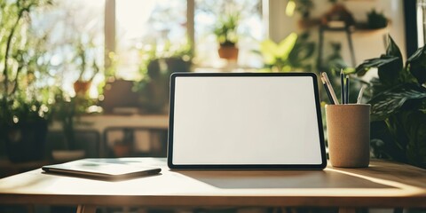 Tablet, phone, pencils, and plant on a wooden table.