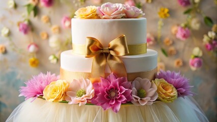 Naklejka premium Vibrant tutu-inspired sugar floral design on a multi-tiered vanilla cake, adorned with golden accents and a delicate satin ribbon sash.