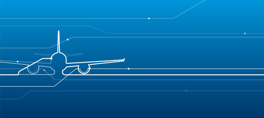 Avia transport. Airplane outline illustration for your project. White lines image on blue background. Vector design art