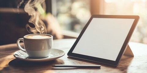Steaming coffee, tablet, pencil, wooden table.