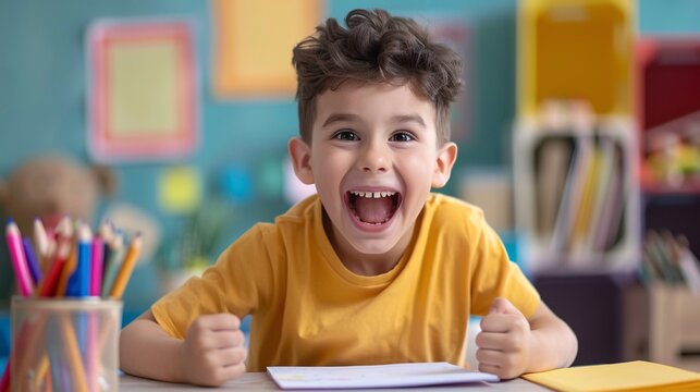 9. Enthusiastic child at a study desk, smiling widely while engaging with educational materials, a positive learning environment.