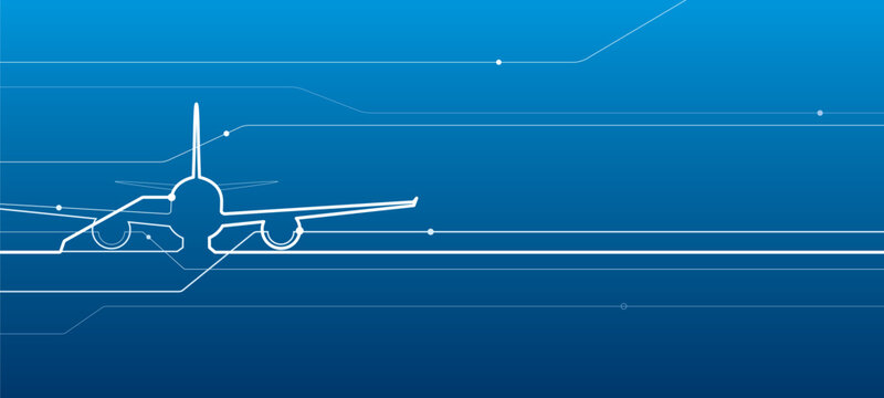 Avia transport. Airplane outline illustration for your project. White lines image on blue background. Vector design art