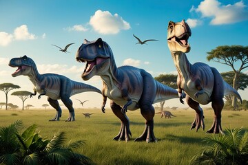 Dinosaurs in the Jurassic Period Under a Clear Blue Sky in a Vibrant Savanna Environment