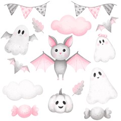 Watercolor Set cute bat and ghosts.Cute hand draw illustration of happy Halloween  . Background for Halloween design,Ghost set and bat.