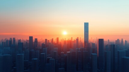 Glowing Futuristic Cityscape: Sunrise Reflections on Glass Buildings in High-definition with Ray Tracing