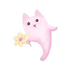 Watercolor spooky cute ghost cat  .Halloween illustrations.Whimsical halloween decorations.Watercolor illustrations.