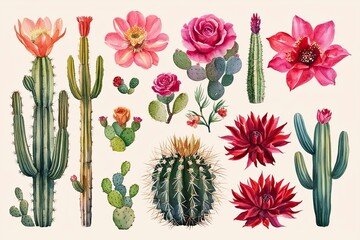 Desert Flower Collection Watercolor Illustration Cactus Flower Desert Rose Wild Red Yucca