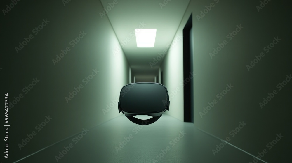 Poster virtual reality headset floating in a hallway