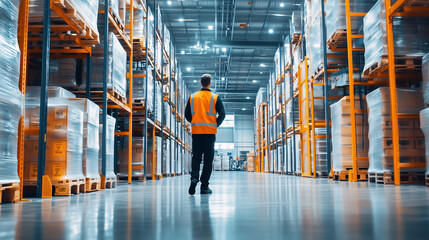 Fototapeta premium Warehouse manager standing in a large distribution center with shelves full of goods
