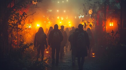 Fototapeta premium A group of friends navigating a haunted maze at night, fog rising from the ground, spooky figures and decorations along the path, dimly lit by eerie glowing lanterns,