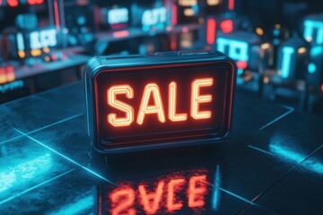 Bright neon sale sign illuminating a city street at night with vibrant lights and reflections