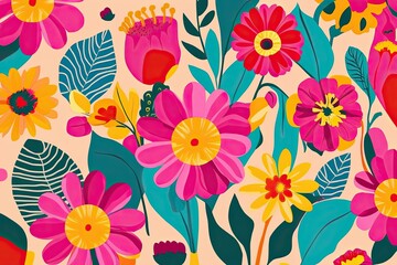 Bright Colorful Floral Artwork with Abstract Designs and Lively Patterns