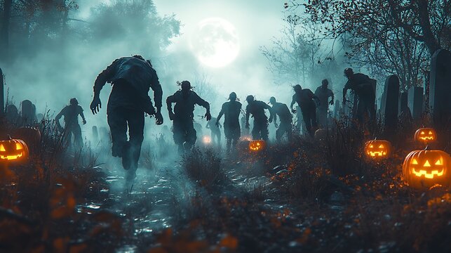 A group of friends running from zombies through an old, foggy graveyard, gravestones casting long shadows under the full moon, zombies reaching out as they close in,