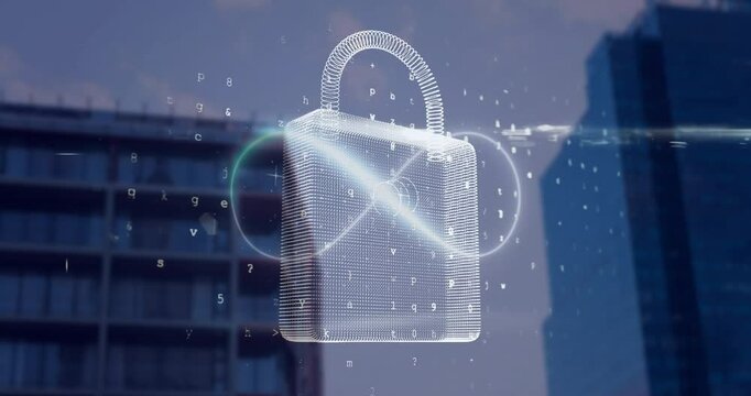 Animation of infinity sign and padlock with data processing over cityscape