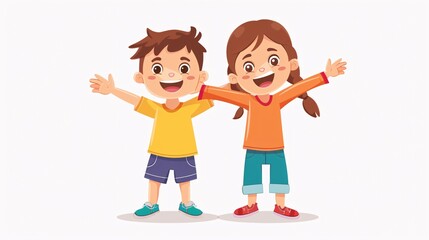 Obraz premium 11. Vector illustration of a happy little boy and girl standing with open arms, smiling brightly and ready for a hug.