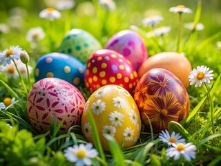 Brightly colored eggs with swirly patterns and speckles, nestled in a bed of soft green grass and soft focus flowers.