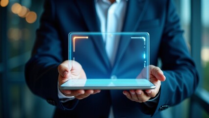 A businessman holds a tablet with a transparent, futuristic digital interface hovering above it