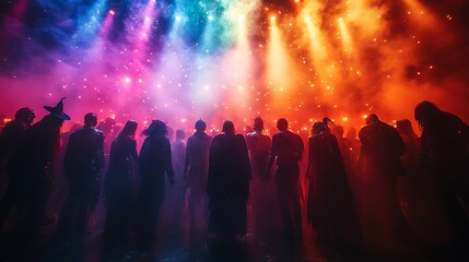 A Halloween costume party in full swing, with people dressed as vampires, witches, and ghouls, colorful lights illuminating the dance floor, fog machines creating a mystical atmosphere,