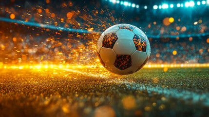 Soccer ball flying through the air, leaving a trail of golden sparks, in a packed stadium at night