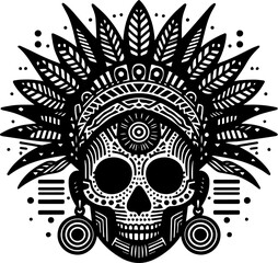 Tribal skull with intricate feathered headdress in a bold tattoo style. This black and white design is ideal for Halloween or Dia de los Muertos themes, combining tribal art with spooky and gothic ele
