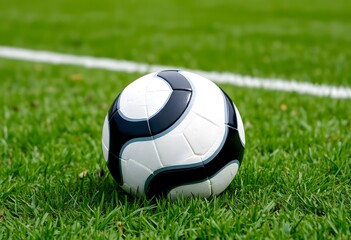 Soccer ball resting on a lush  green field 