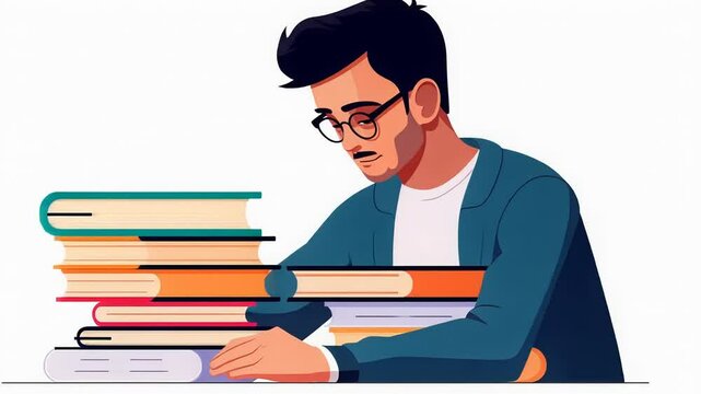 A young man sitting with a stack of books, deeply engaged in studying or reading