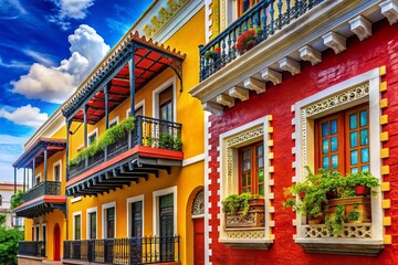 A vibrant red and yellow Puerto Rican stamp depicts a colorful building in Old San Juan's streets, ornate balconies and wrought iron details, surrounded by lush greenery