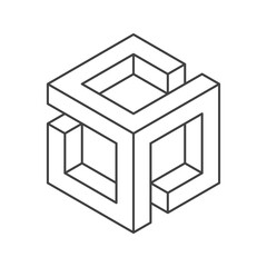 Cube logo, geometric vector design. Monochrome box logotype company, trendy techno emblem in isometric line style.