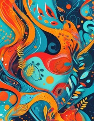 Vibrant abstract background with swirling shapes and bold colors in blue, orange, and red, perfect for digital designs.