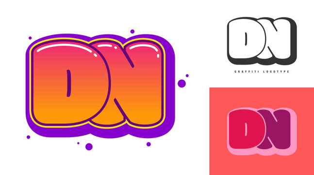 DN logo design for festival or party. Initial letter d and n in graffiti style. Creative modern lettering company name of font typography. Kids trendy logotype or identity.