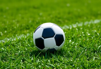 Obraz premium Render a 3D model of a soccer ball on a grass texture with realistic lighting and shadows