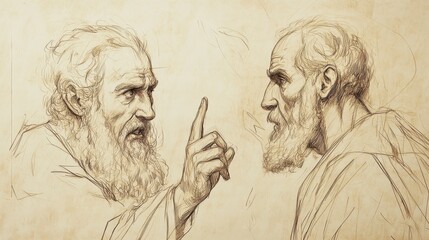 Fototapeta premium Biblical Illustration of Numbers: Aaron Pleading with Moses to Forgive Them, Captured on a Beige Background, Emphasizing Repentance and Forgiveness