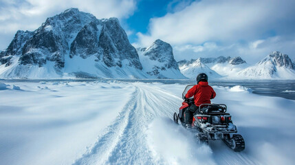 Person in winter gear rides a snowmobile on a snow-covered track across a frozen lake with mountains in the distance