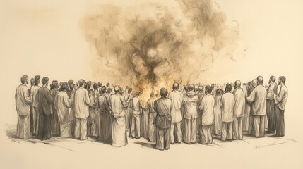 Congregation Praying as Smoke Rises from the Burnt Offering, Biblical Illustration from Numbers, Daily Offerings, Beige Background, Ideal for Religious Education and Worship Materials