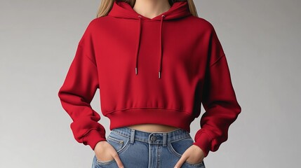 Stylish woman showcasing a red cropped hoodie paired with high-waisted jeans