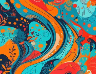 Obraz premium Vibrant abstract background with swirling shapes and bold colors in blue, orange, and red, perfect for digital designs.
