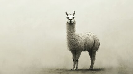 Obraz premium White Llama Standing in a Foggy Landscape