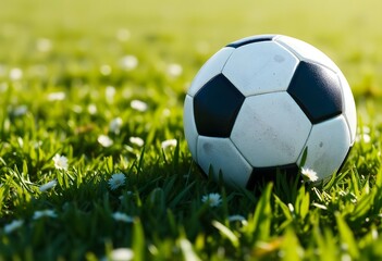 Render a 3D model of a soccer ball on a grass texture with realistic lighting and shadows