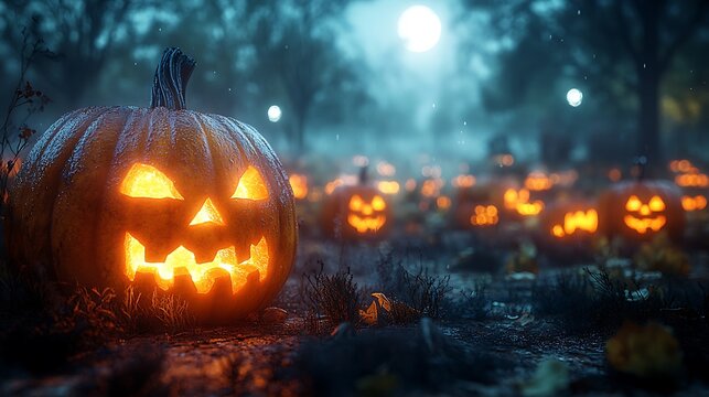 A spooky pumpkin patch at night, jack-o-lanterns glowing softly in the fog, the moonlight shining through the mist, eerie shadows cast by the pumpkins, dark trees surrounding the patch,