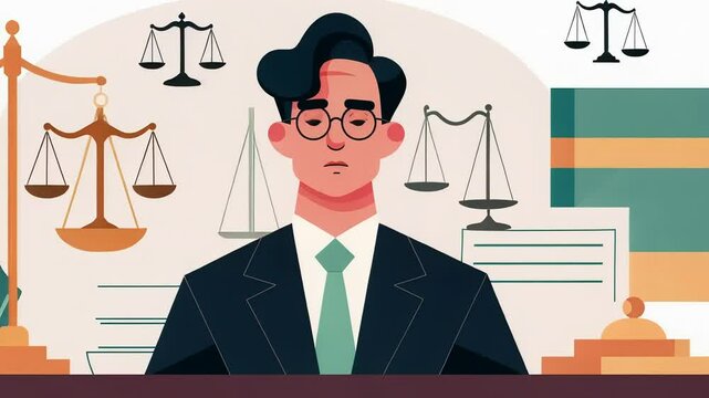 A professional lawyer standing confidently in an office with legal documents and scales of justice in the background.