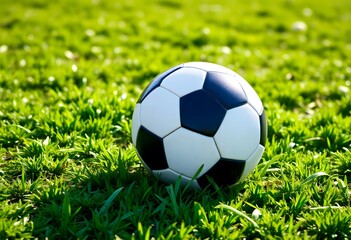 Fototapeta premium Soccer ball resting on a lush, green field with dew drops on it