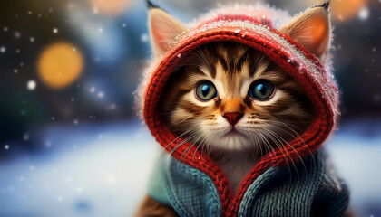 Fototapeta premium Close-up of a cute little kitten wearing in a warm winter sweater while looking at the camera on a cold winter day while it is snowing. Template for a winter or Christmas greeting card. Generative Ai.