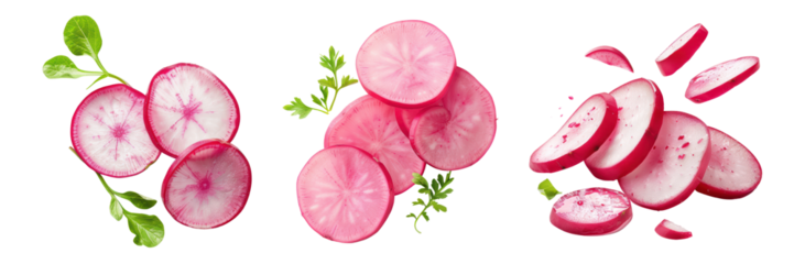 Freshly Sliced Radishes with Leaves Isolated on Transparent Background - Vibrant and Healthy Vegetable Slices