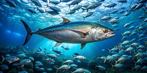 Fototapeta premium A dogtooth tuna swimming in a vibrant blue ocean, its silver scales catching the sunlight, surrounded by coral and schools of smaller fish.