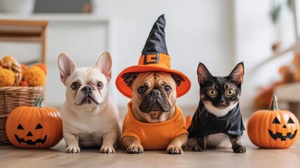 Group of pets in Halloween costumes, including a dog in a bat costume and a cat in a witch's hat, surrounded by festive holiday decorations