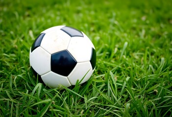 Obraz premium Soccer ball resting on a green grass field.