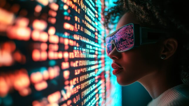Cybersecurity, AI, data protection. Black woman analyzing futuristic holographic data and code.