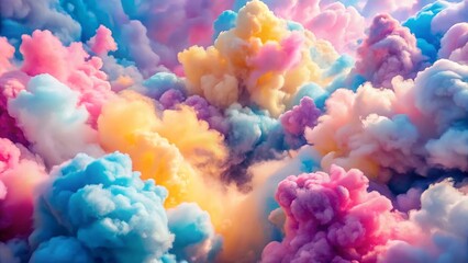 Fototapeta premium Fragrant wisps of pink, blue, purple, and yellow cotton candy floated lazily through the air, illuminated by warm sunlight and beckoning sweet-tooths of all ages.